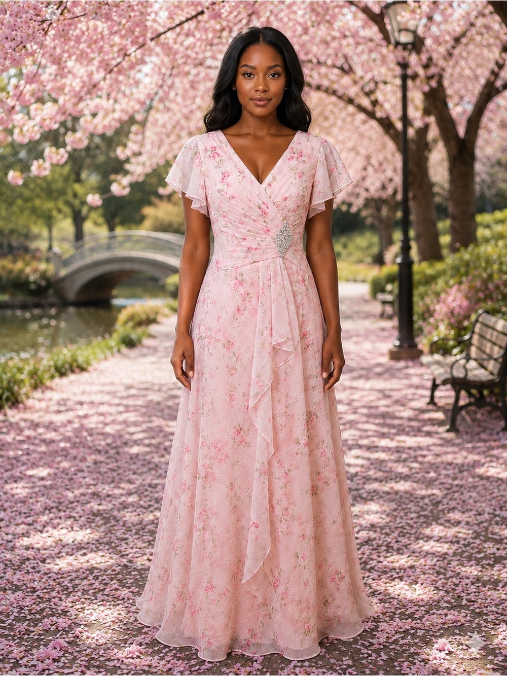 #19 - 11 Light pink floral, flutter sleeves, chiffon gown-Medium- Size 10